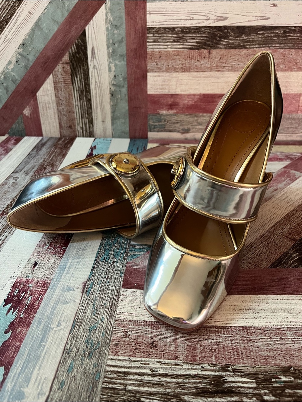 Tory Burch NWOB Mirror Metallic Pumps Heels Madison Mary Jane 100mm SIL/GLD 7